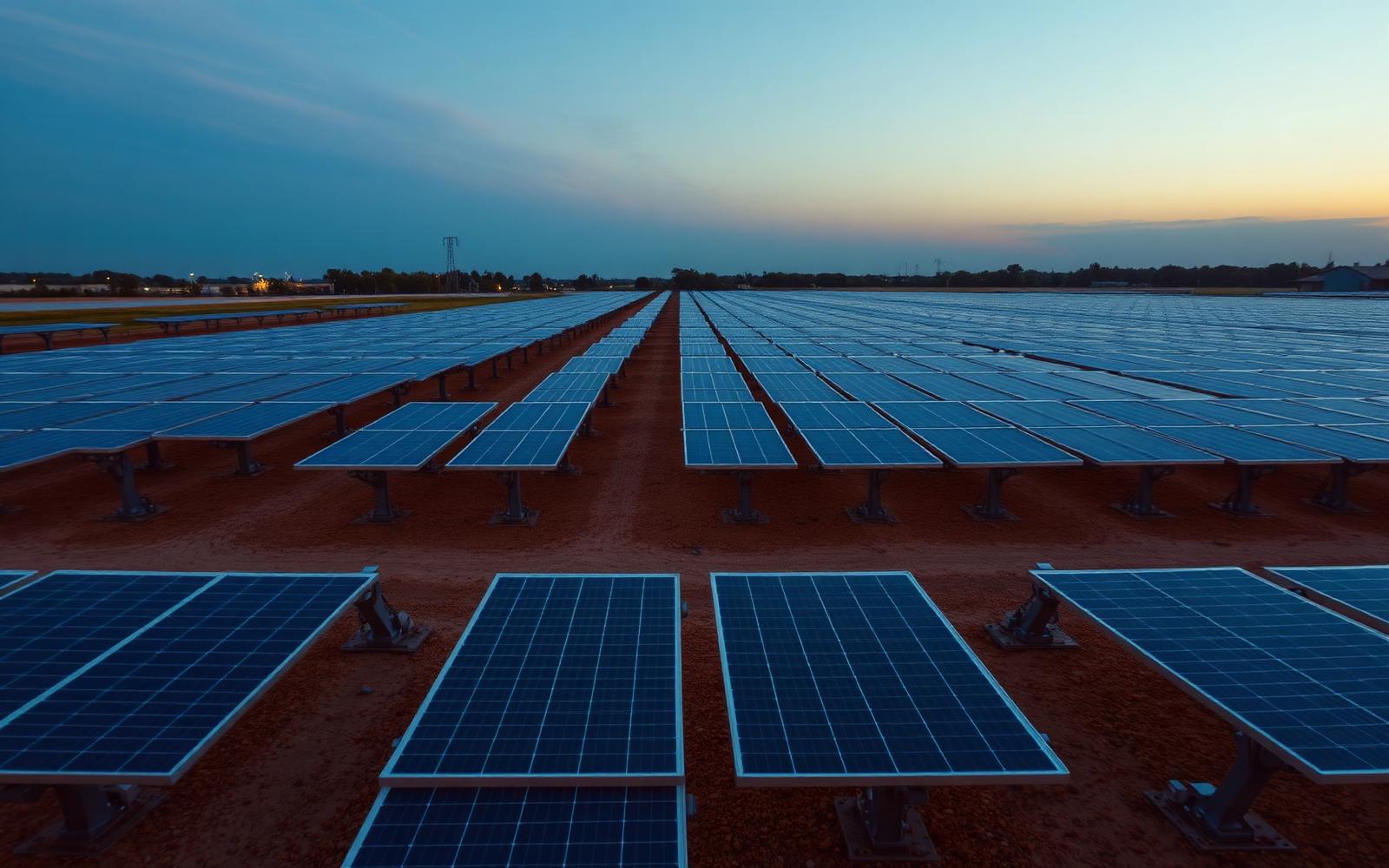 Solar farm with ground-mount steel structures at dusk